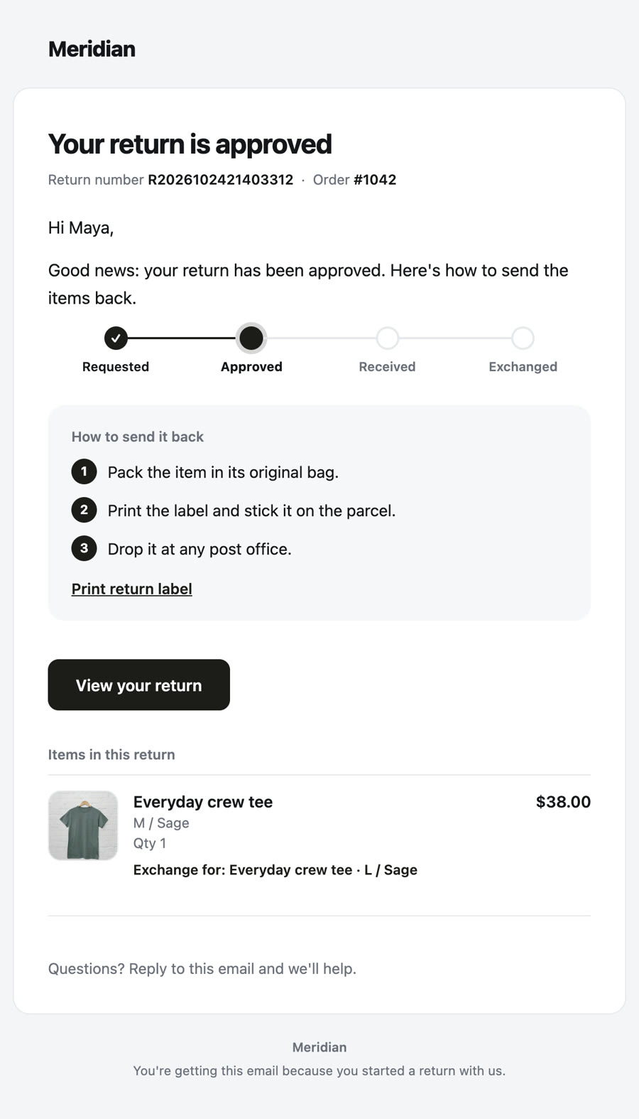 Email: Your return is approved, with steps and a print label link
