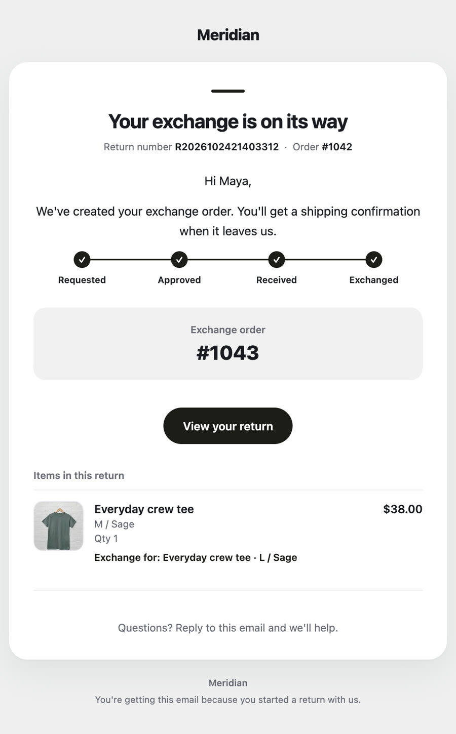 Email: Your exchange is on its way, order #1043